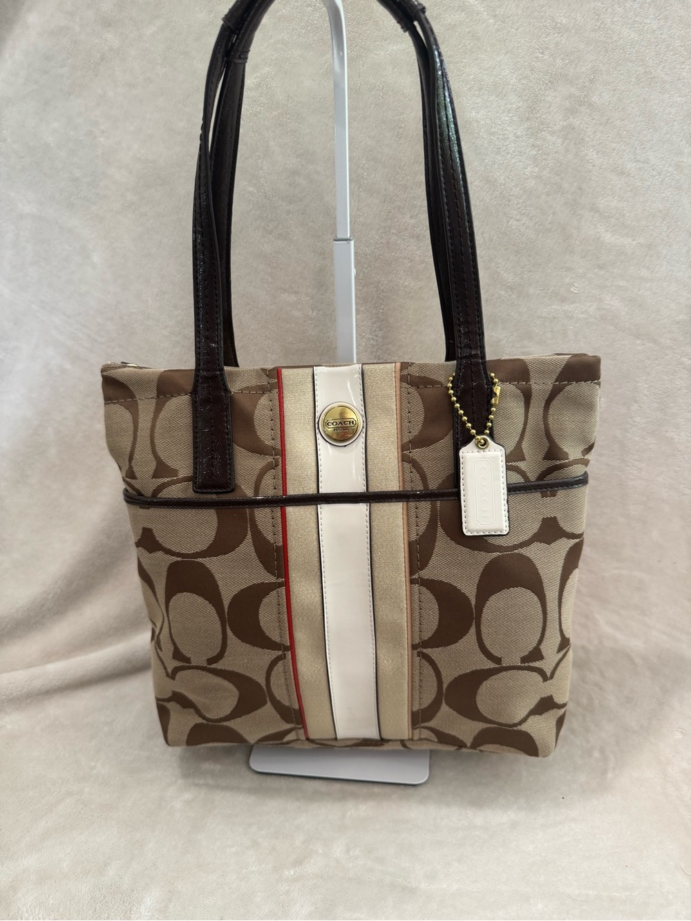 Coach F24666 Multi Stripe Tote with Brown Signature and Cream Stripe